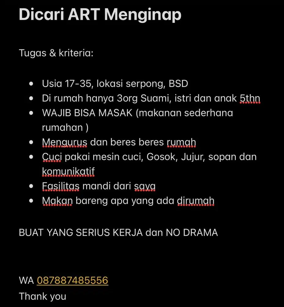 Dicari ART Menginap