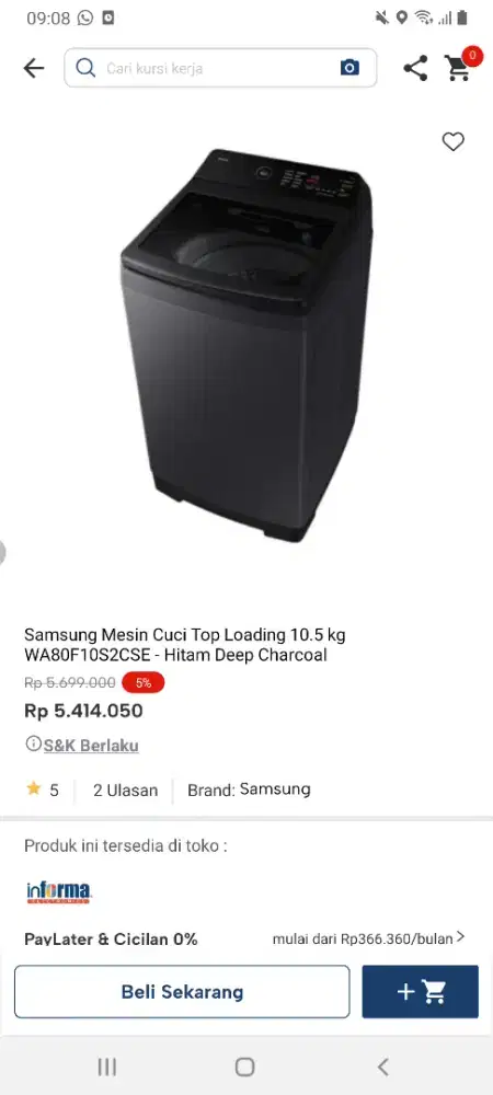 Samsung mesin cuci toploading 10kg