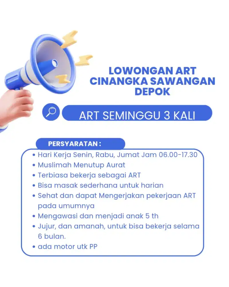 Lowongan ART pulang pergi (PP) Jl. Pahlawan Cinangka