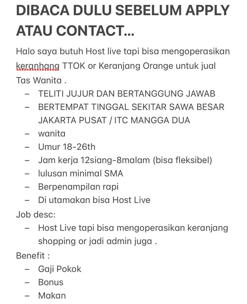 HOST LIVE TAS WANITA tapi bisa mengoperasikan keranjang TT dan Orange