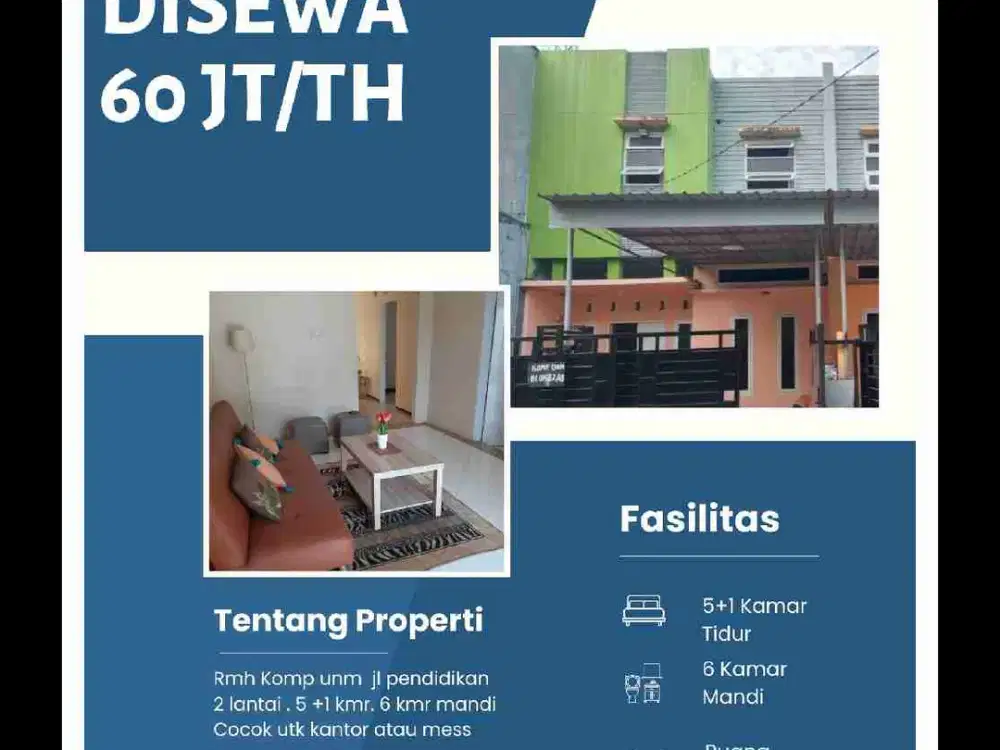 Rmh Komp UNM
Jl  Pendidikan
2 lantai 5 +1 kmr 6 WC
Lebar  7 X 23m
LB 220m2
Cocok utk kantor atau mess
Sewa rp.68 jt/ thn
Semi furnished
Jual Rp. 2 M