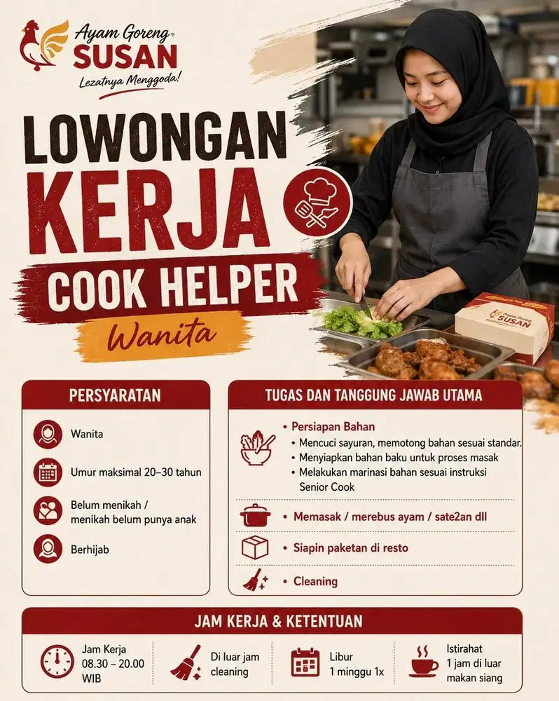 Lowongan kerja KHUSUS WANITA di Kantin Ayam Goreng