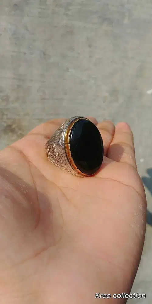 Cincin Yaman Ahmar Original Ring Perak Ukir Size 23,Sepuh Kombinasi