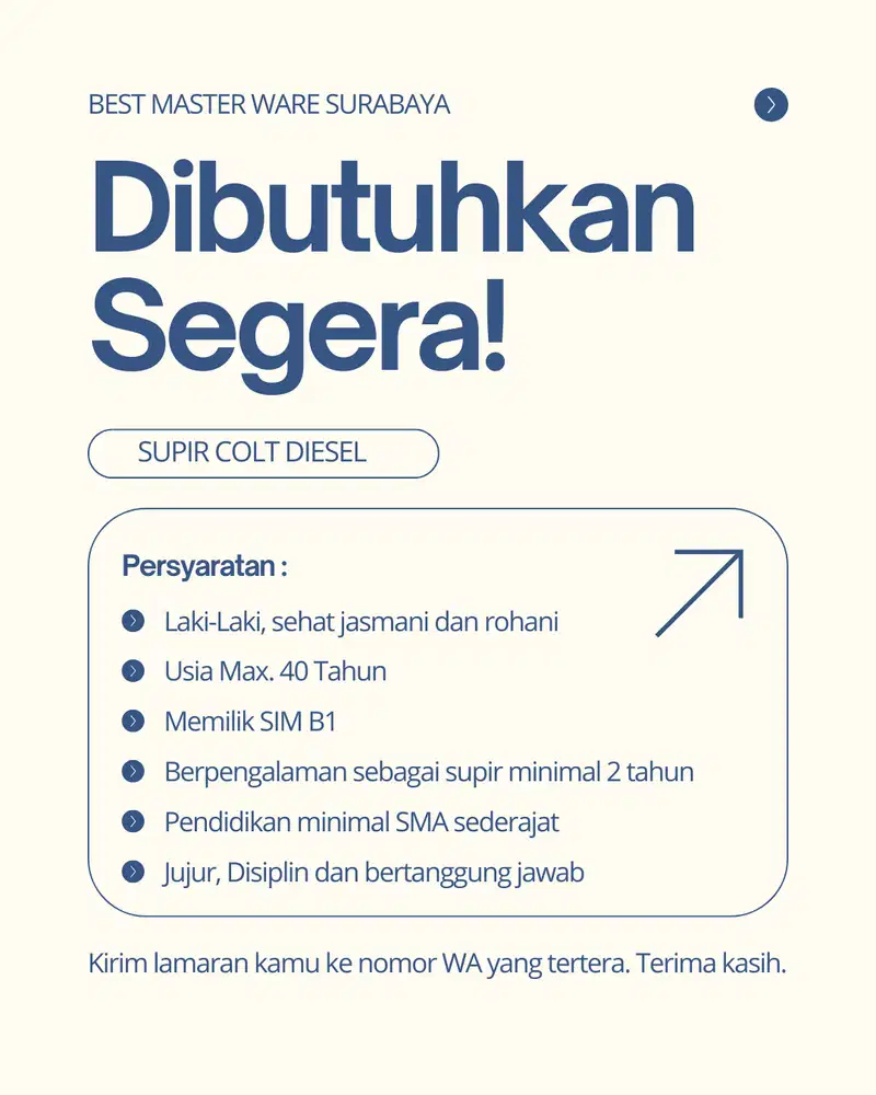 LOWONGAN SUPIR BESTMASTERWARE SURABAYA - AGUSTUS 2026