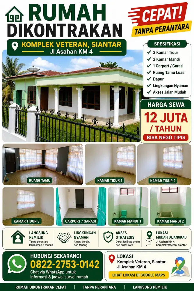 DIKONTRAKAN RUMAH 3 KAMAR – KOMPLEK VETERAN SIANTAR | TANPA PERANTARA