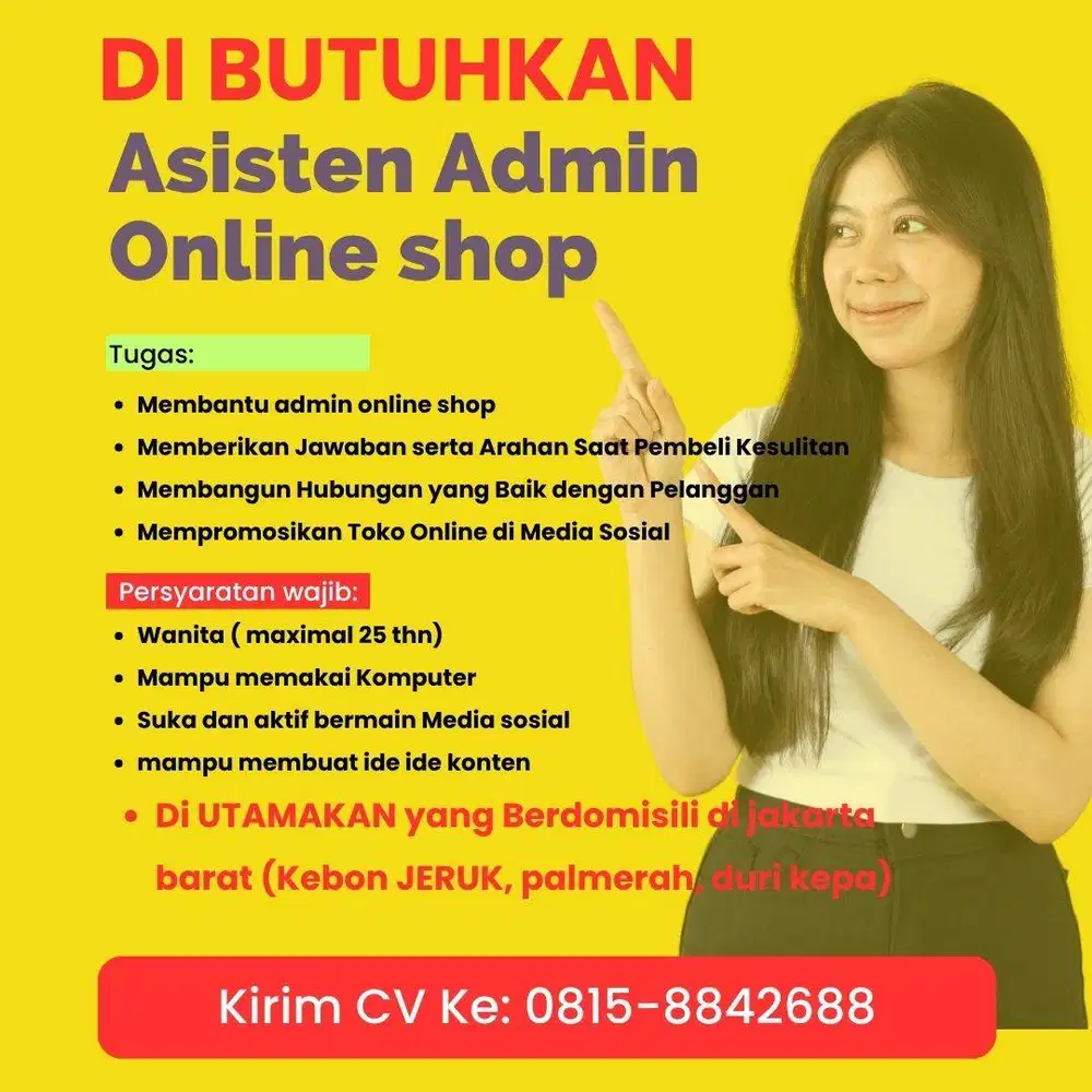 Dibutuhkan ASISTEN ADMIN ONLINE SHOP yang ceria dan gaul