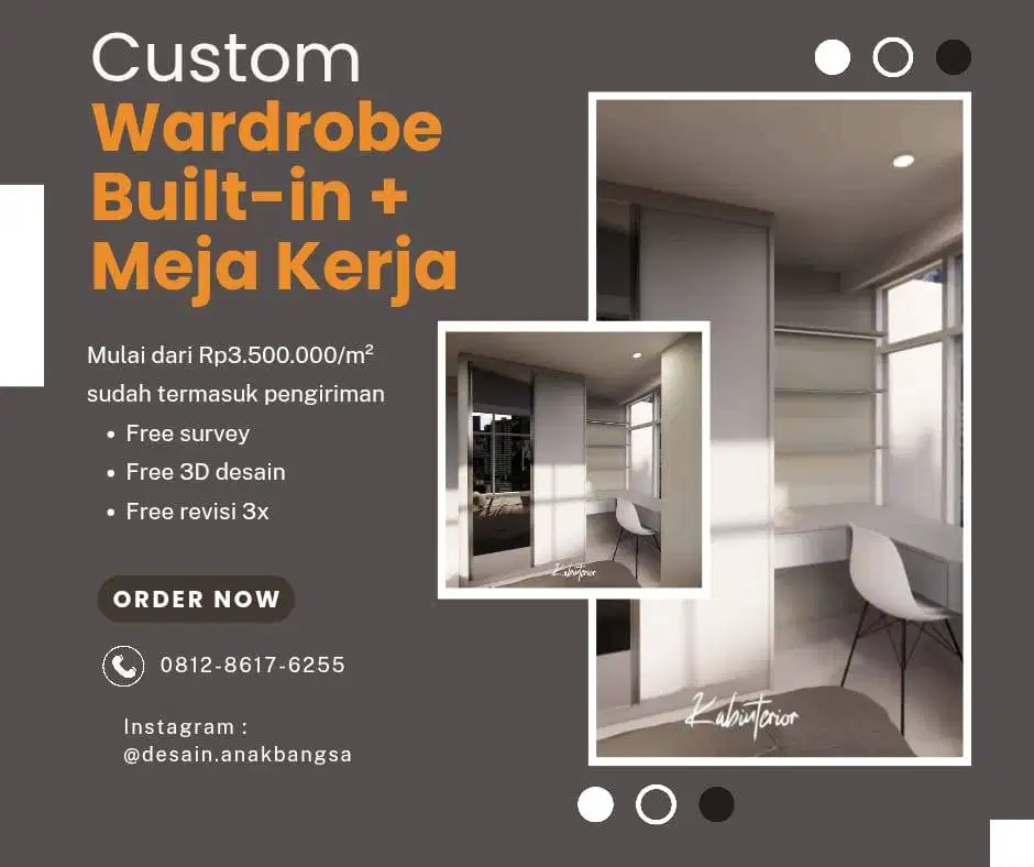 Custom Wardrobe Built-in + Meja Kerja Minimalist HPL Luar-Dalam
