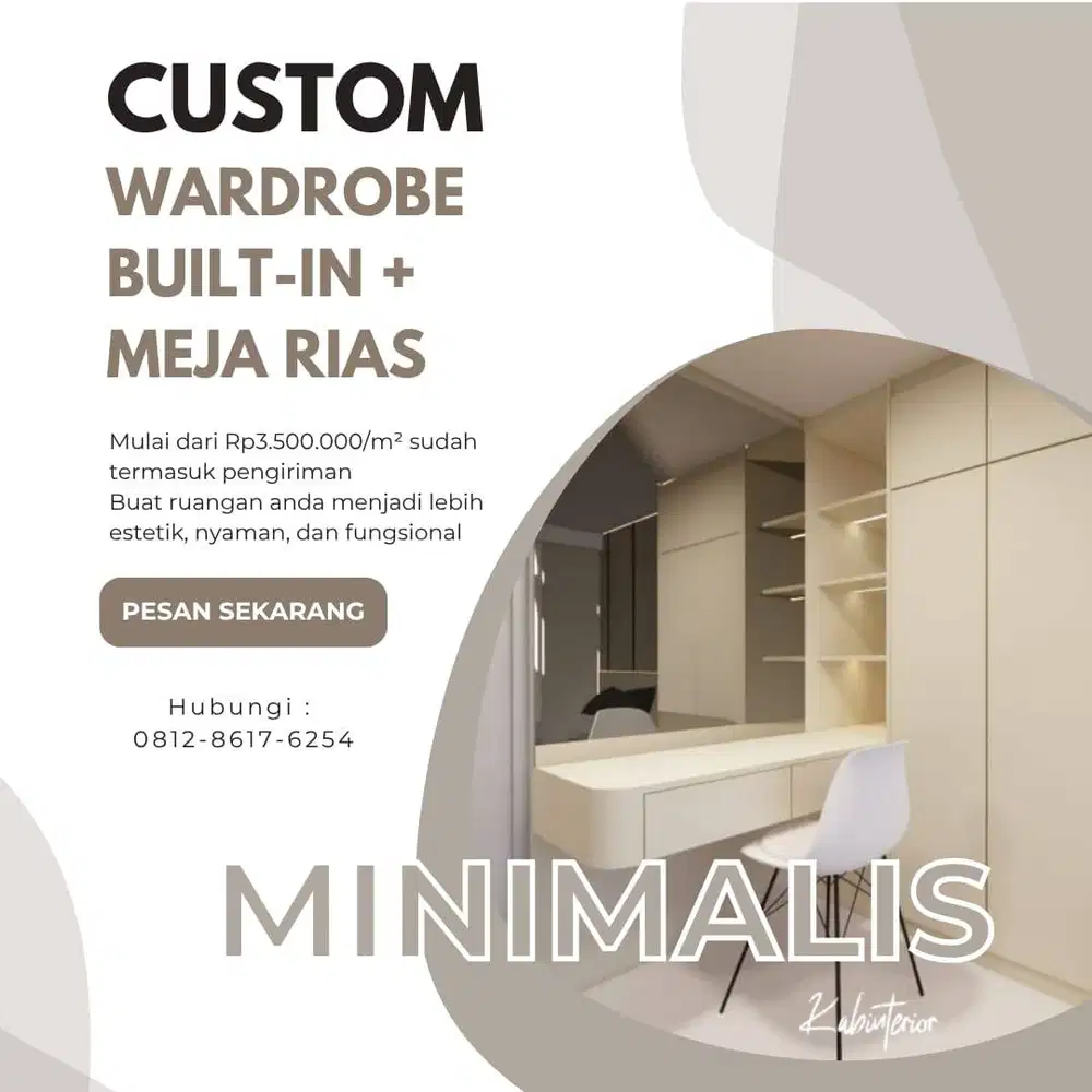 Custom Wardrobe Built-in + Meja Rias Minimalist HPL Luar-Dalam