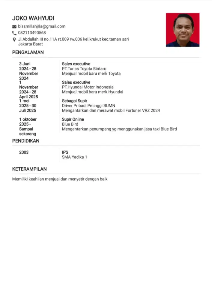 Butuh lowongan supir pribadi gaji harian