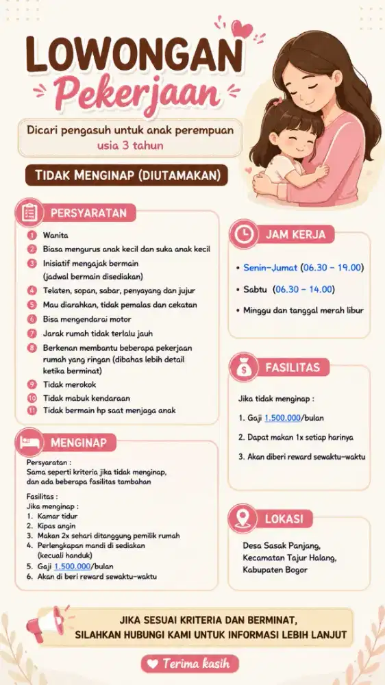Lowongan Kerja Pengasuh Anak / Nanny