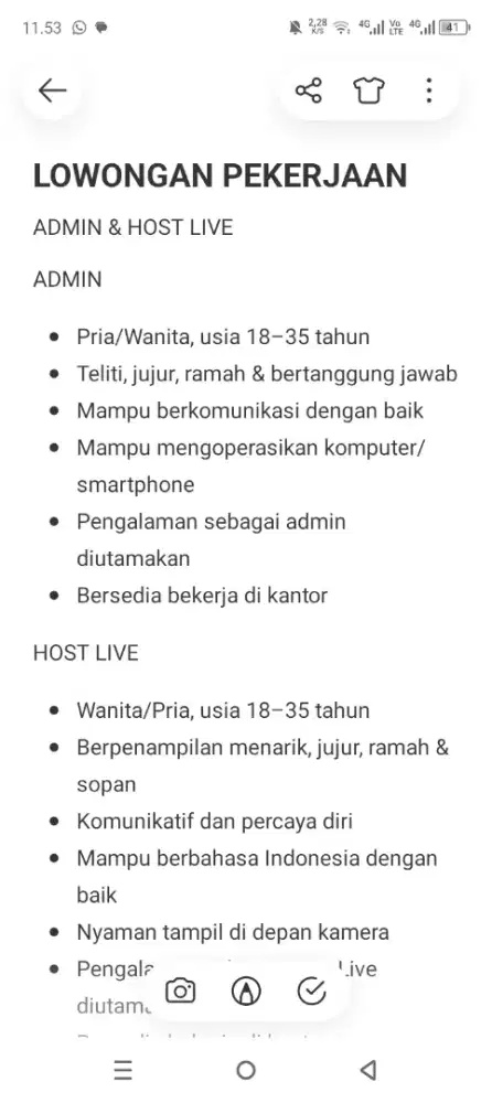 Lowongan kerja Admin dan host live