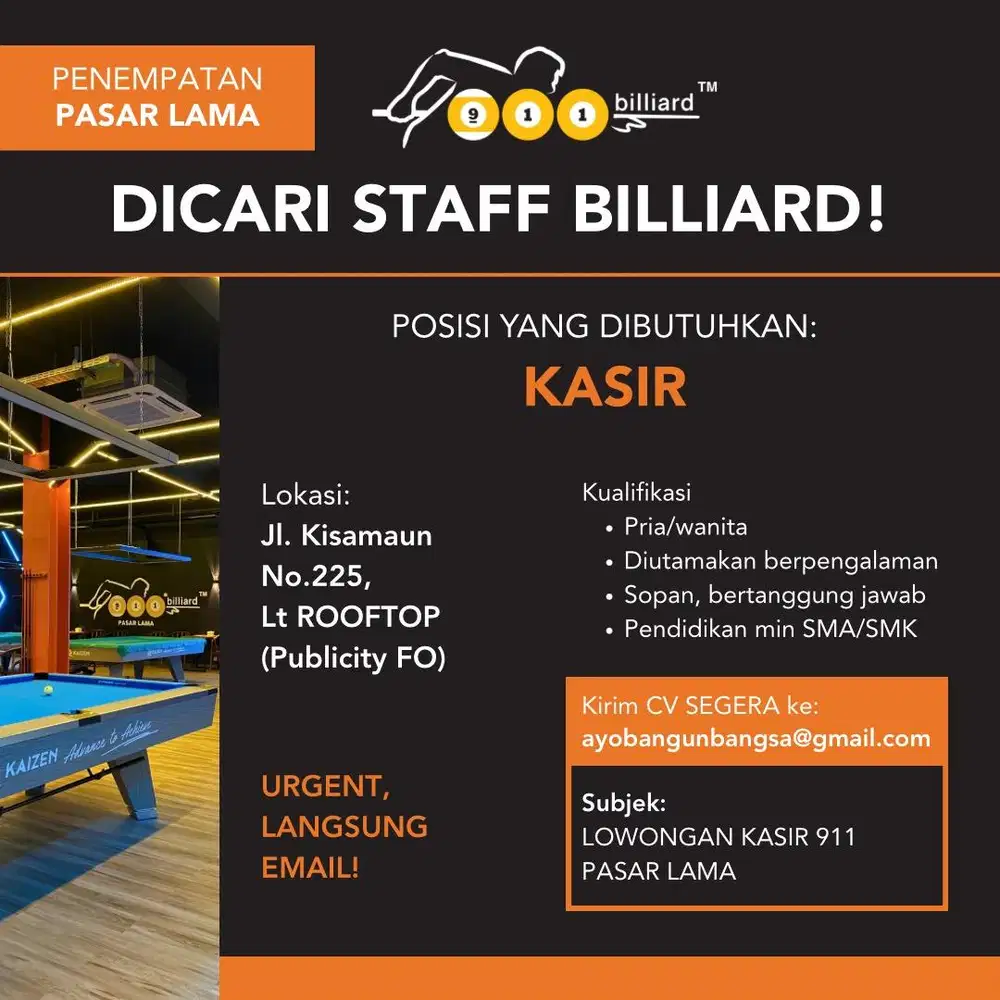 Lowongan Kasir 911 Billiard Pasar Lama
