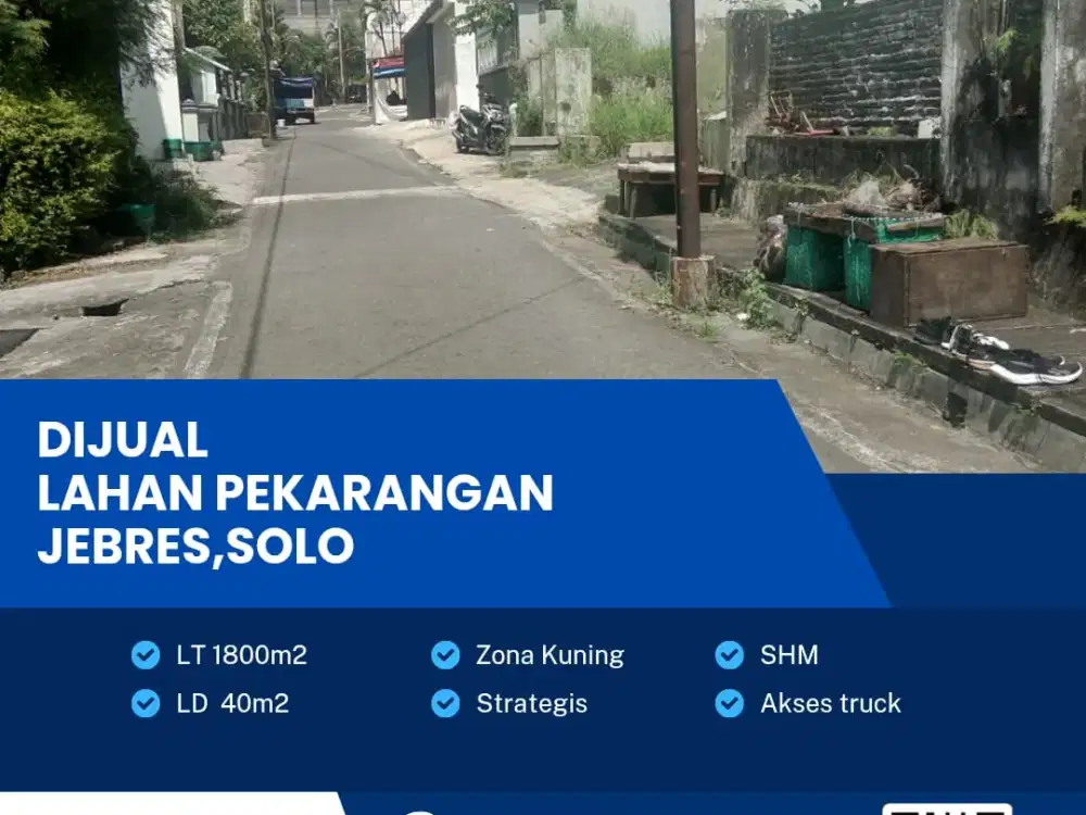 Dijual Lahan Pekarangan Zona Kuning Lokasi Strategis Jebres,Solo 1800m2 BU!!