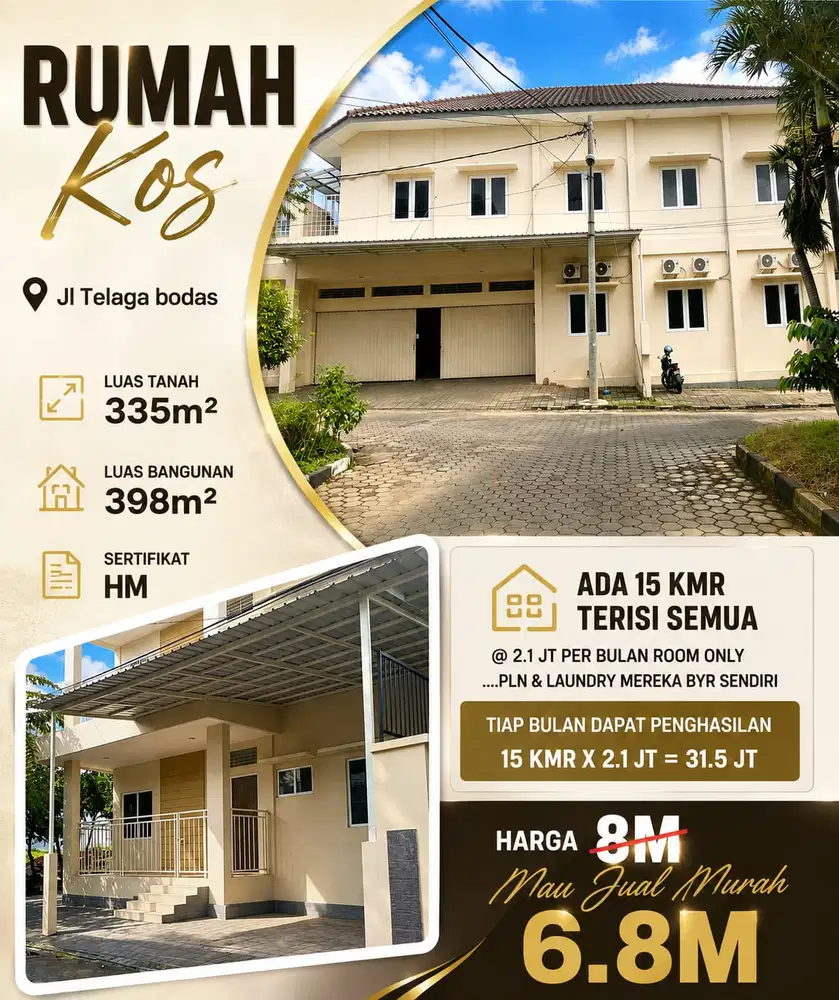 DIJUAL RUMAH KOST TELAGA BODAS UNTUNG 2LT/398m MURAH CEPAT SEGERA