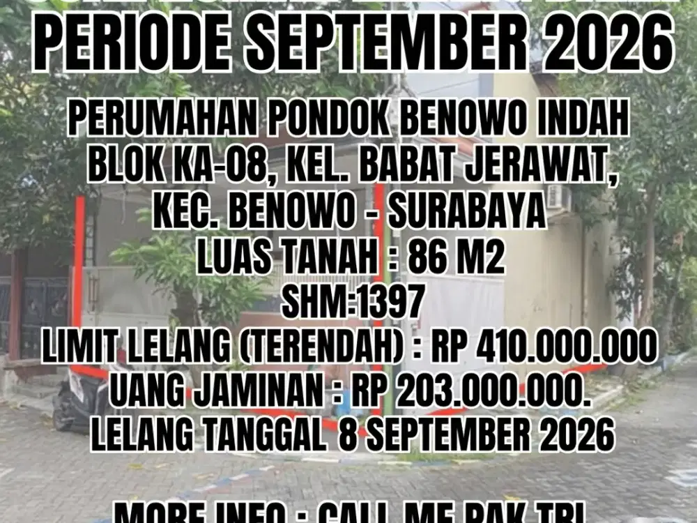 BENOWO - LUAS 86 M2!! DIJUAL RUMAH VIA LELANG DI PERUM PONDOK BENOWO INDAH