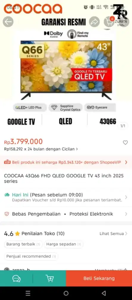 TV Coocaa 43Q66 43 Inch QLED Google TV Like new