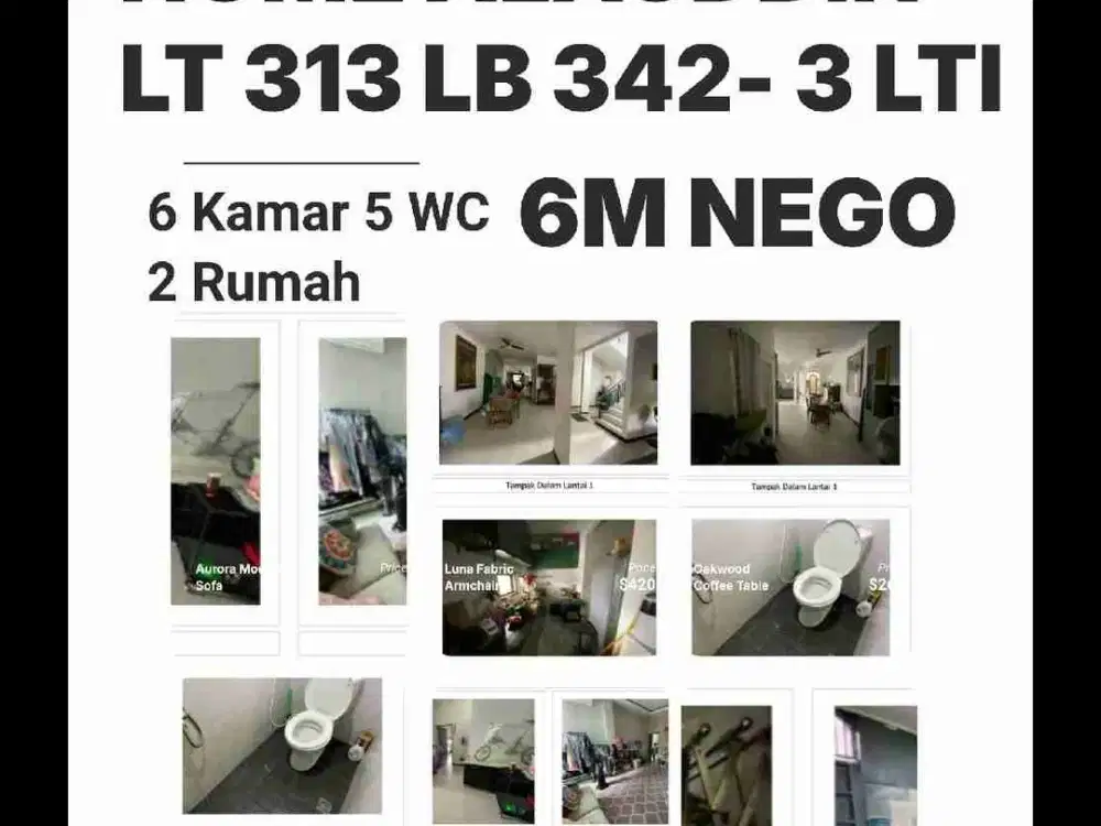 Rumah Lagoosi Home
Jl Alauddin 
2 Rumah
LT 313 LB 342
3 Lantai
6 Kamar Tidur
5 Kamar Mandi
Rp. 6 M