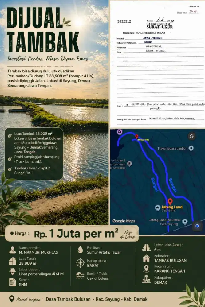 DIJUAL SAYUNG DEMAK TAMBAK LUAS DIBAWAH HARGA PASAR CEPAT SEGERA