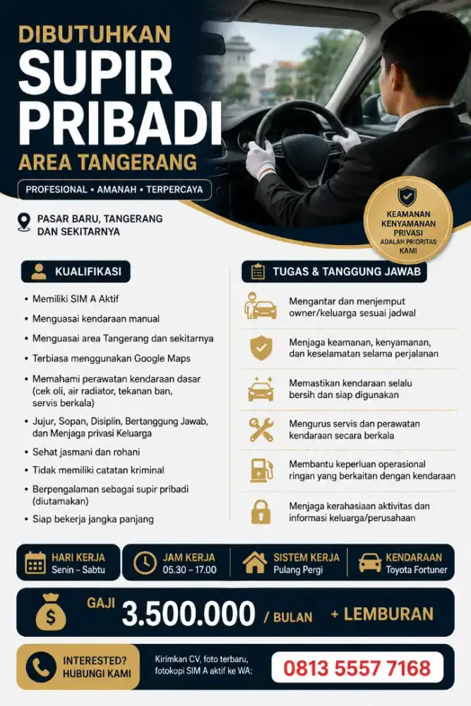 DIBUTUHKAN DRIVER PRIBADI Fortuner | Pasar Baru Tangerang