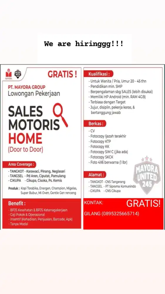 LOWONGAN KERJA SALES MOTORIS MAYORA