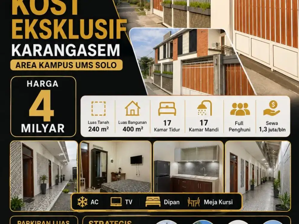Dijual Kost Ekslusif Lokasi Strategis Kartasura,Sukoharjo Luas 240m2