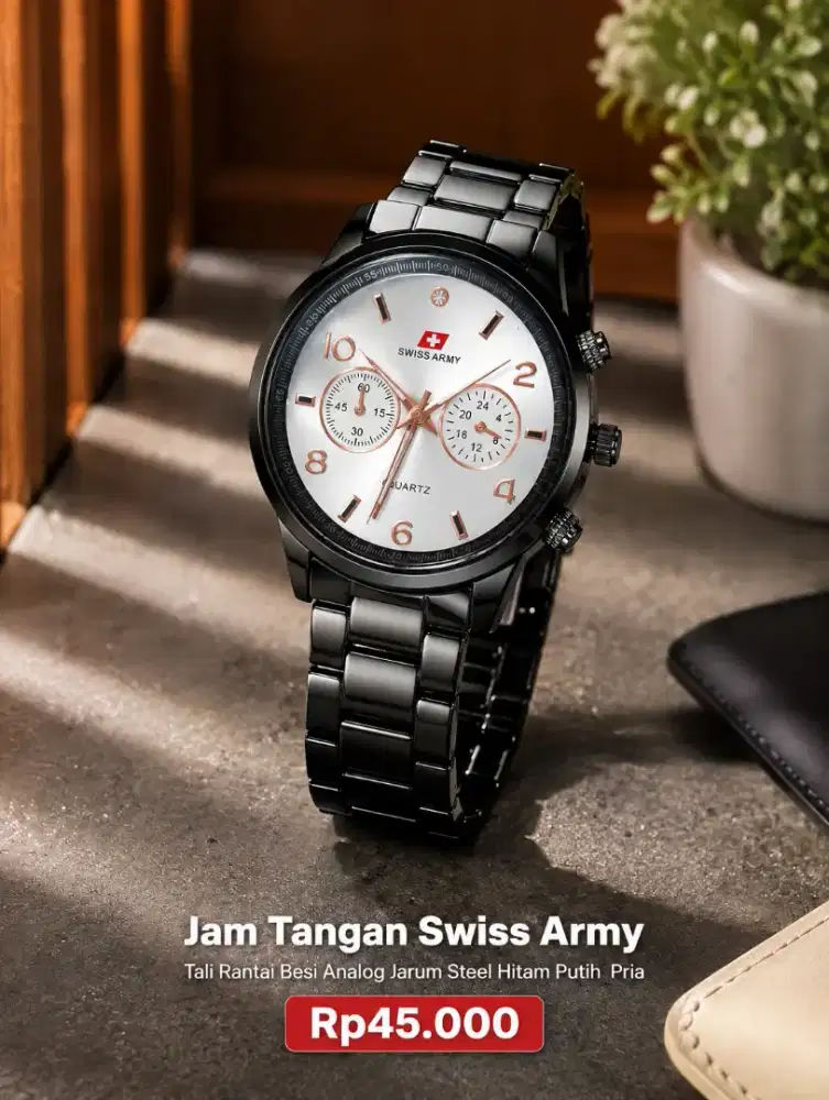 Jam Tangan Swiss Army Tali Rantai Besi Analog Jarum Hitam Putih Pria