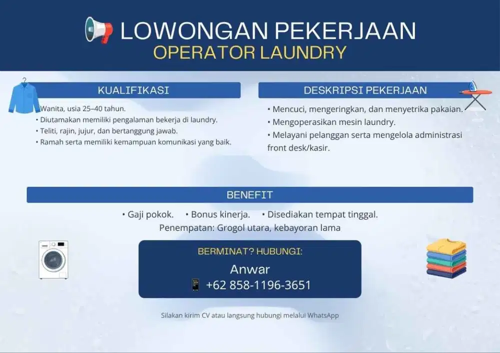 LOWONGAN PEKERJAAN OPERATOR LAUNDRY