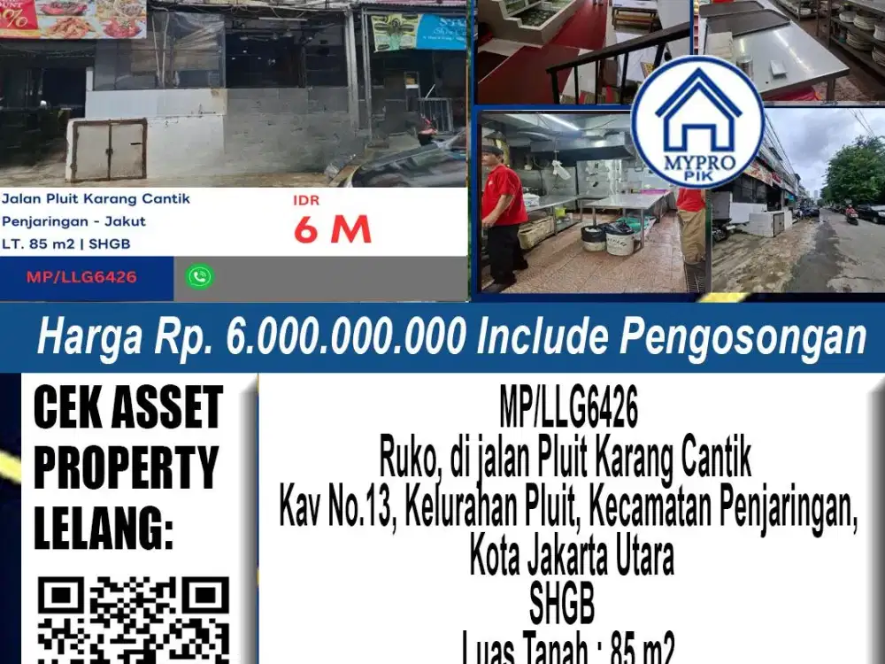 Dijual Lelang Ruko Jalan Pluit Karang Cantik Penjaringan, Kota Jakarta Utara