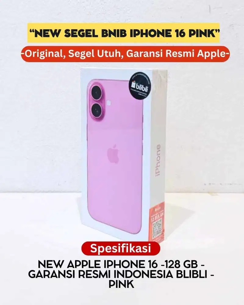 NEW SEGEL IPHONE 16 PINK 128GB BLIBI GARANSI RESMI ORIGINAL