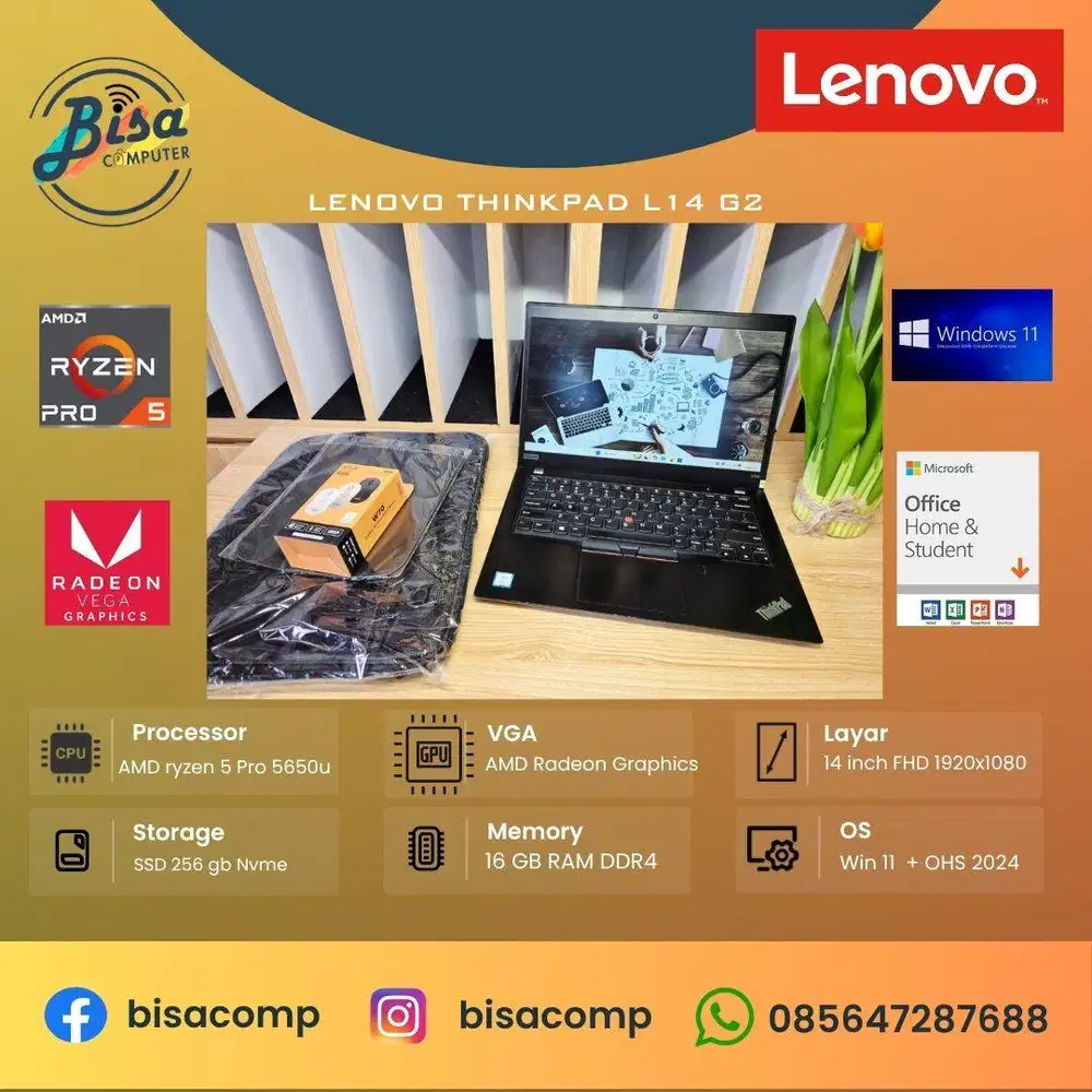 Lenovo Thinkpad L14 G2 AMD Ryzen 5 Pro 5650u SSD 256gb Ram 16gb 14inch