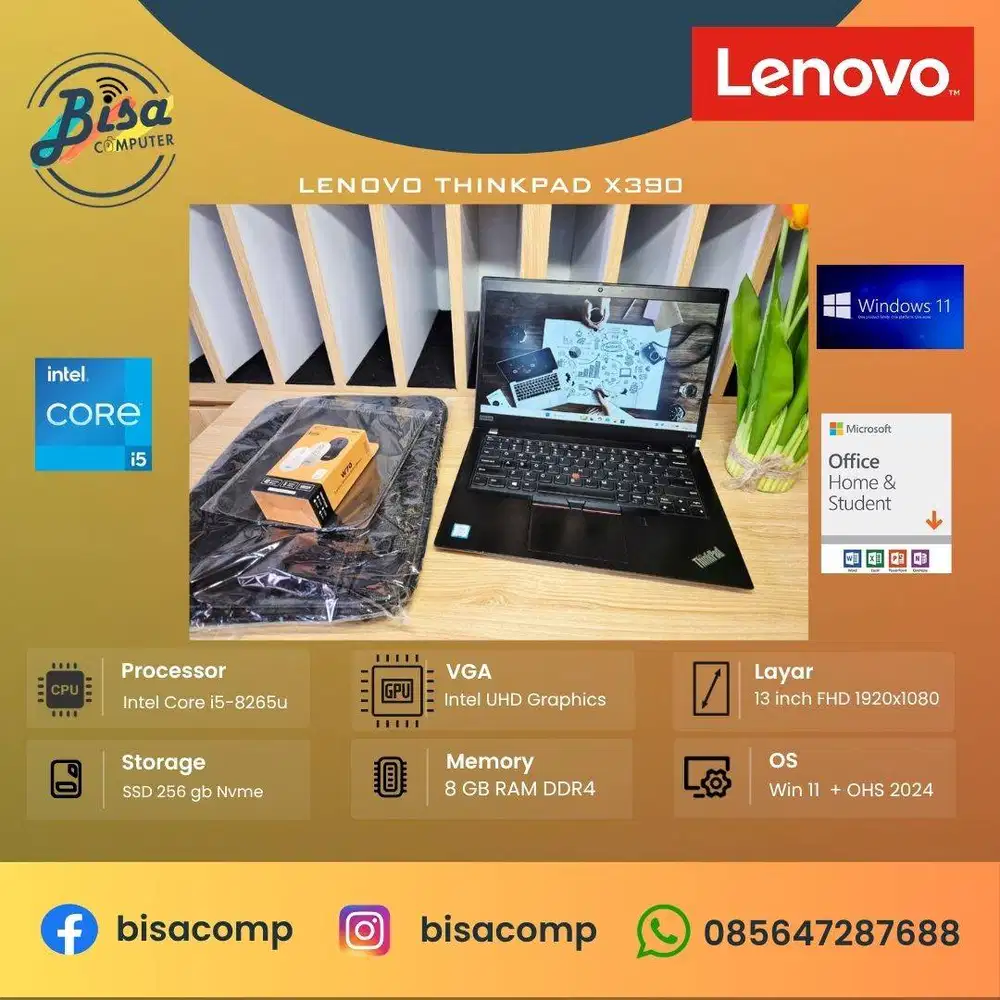Lenovo Thinkpad X390 Core i5 8th Gen SSD 256gb Ram 8gb 13inchFHD FP