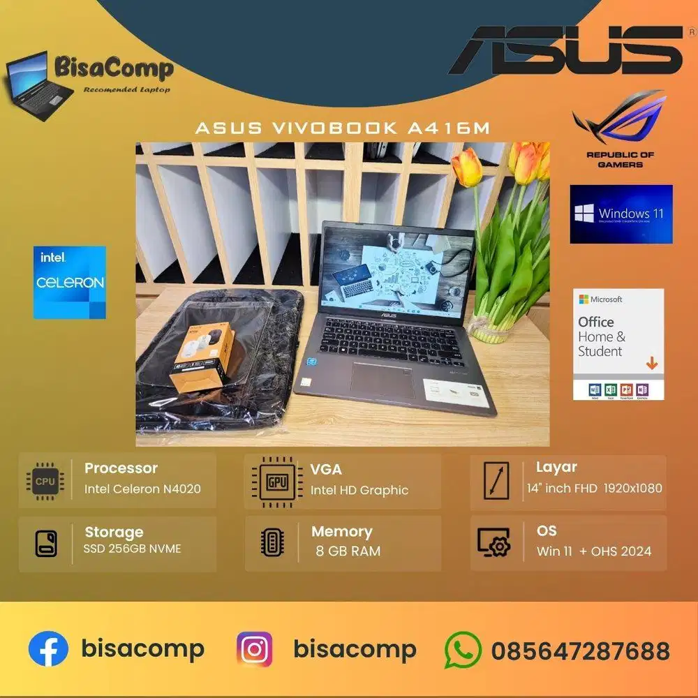 Asus Vivobook A416M Intel N4020 SSD 256gb Ram 8gb 14inchFHD Backlit
