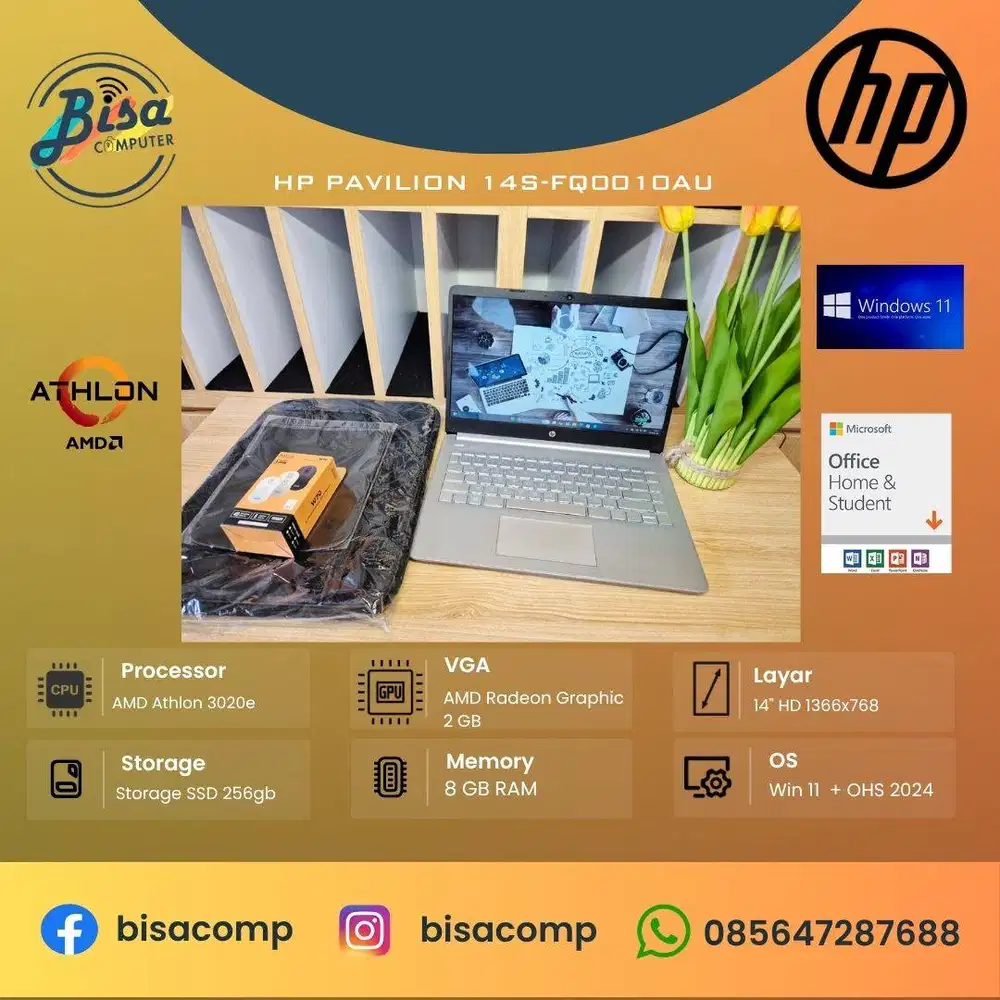 HP 14s-FQ0010AU AMD Athlon 3020e SSD 256gb Ram 8gb 14inchHD Backlit
