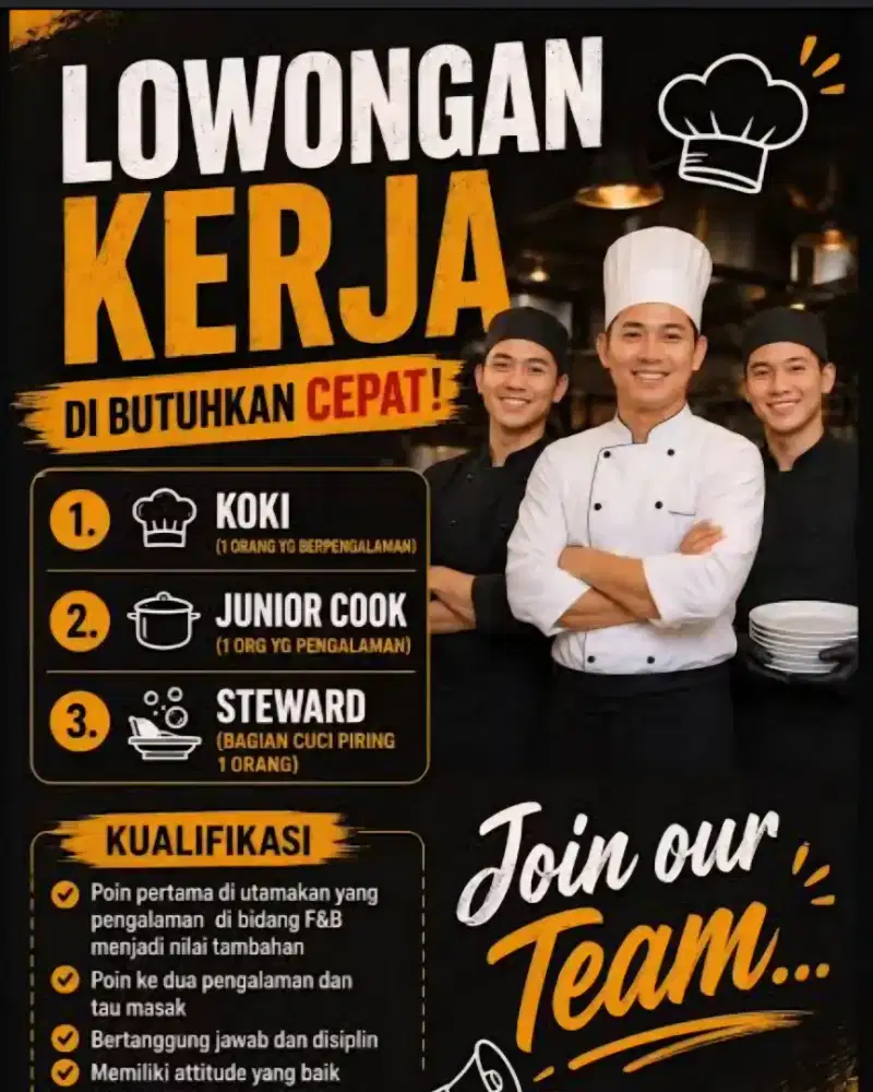 Di cari koki berpengalaman buat di Chinese food non halal