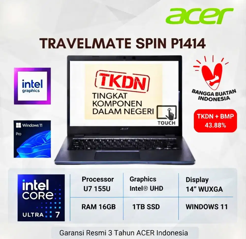 Acer Travelmate P414 Core i7 155U 16GB 1TB SSD W11 PRO Touch Stylus