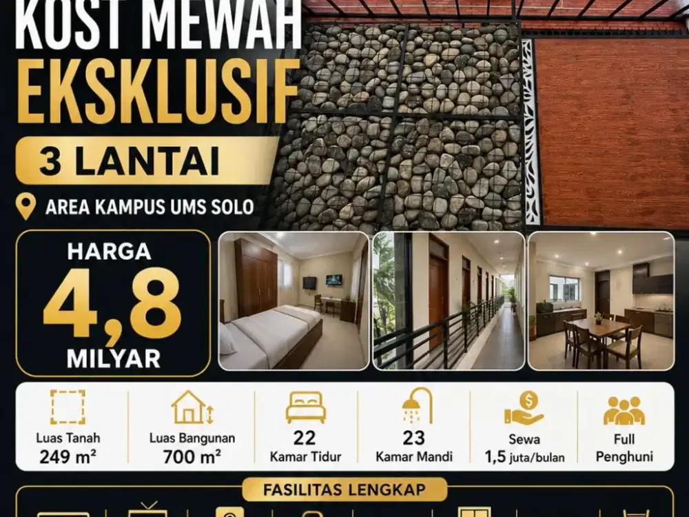 Dijual Kost Mewah Eksklusif 3 Lantai Super Strategis Kartasura,Sukoharjo Luas 249m2