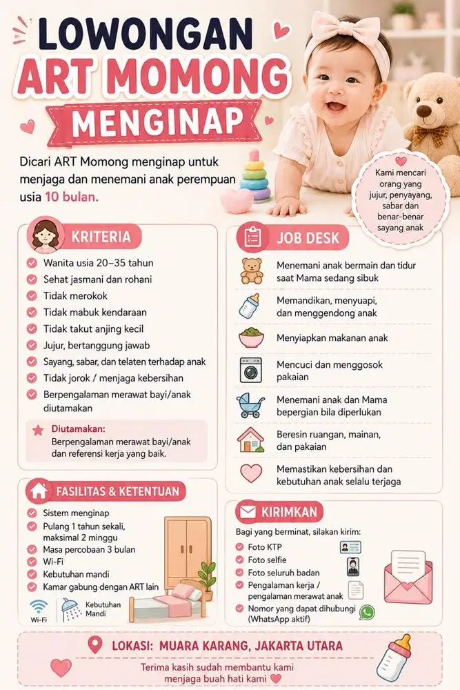 Lowongan ART Momong Nginap anak 10 bulan