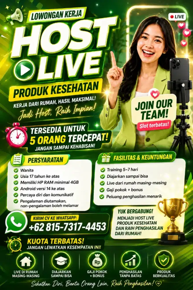 LOWONGAN HOST LIVE PRODUK KESEHATAN – KERJA DARI RUMAH + GAJI & BONUS