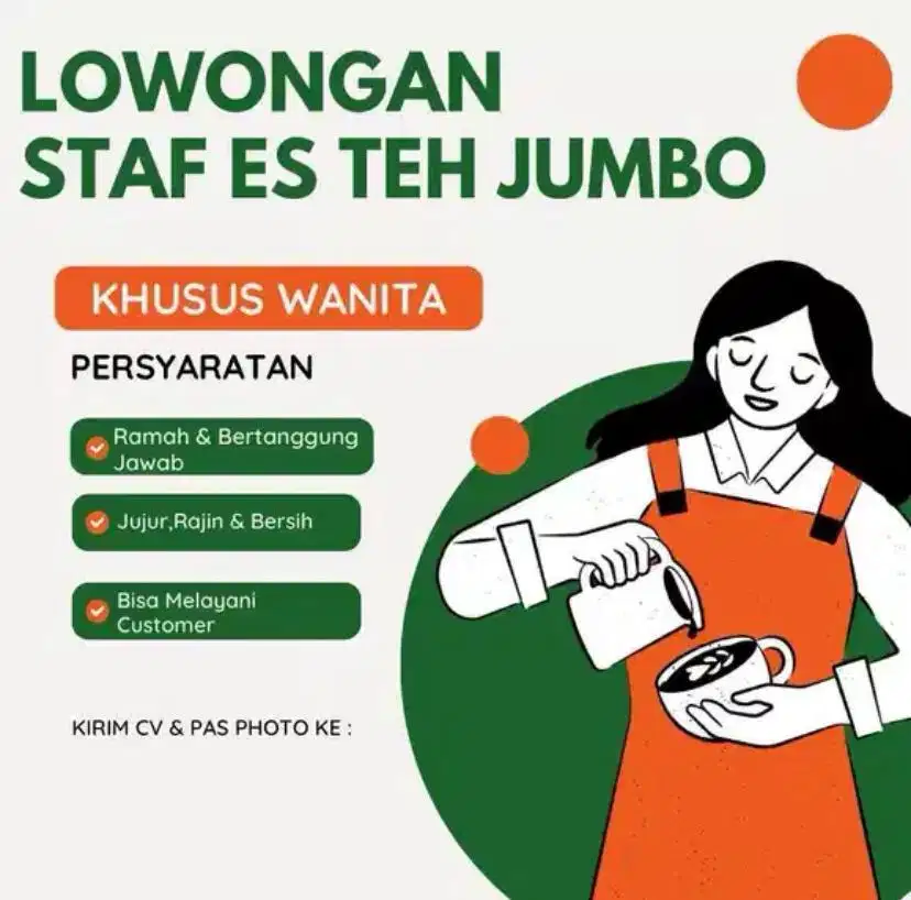 Dibutuhkan segera karyawan wanita untuk booth es teh