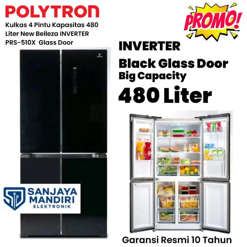POLYTRON KULKAS 4 PINTU INVERTER PRS510X Black Glass Door Anti Bacteri