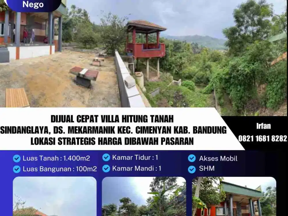 Dijual Cepat villa Hitung Tanah
Sindanglaya, Ds. Mekarmanik Kec. Cimenyan Kab. Bandung
Lokasi Strategis Harga Dibawah Pasaran