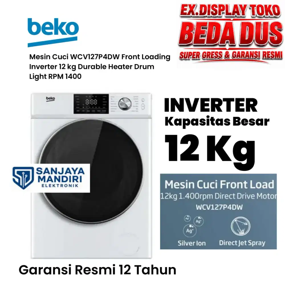 BEKO Mesin Cuci WCV127P4DW Front Loading INVERTER 12 Kg WCV127P4DW