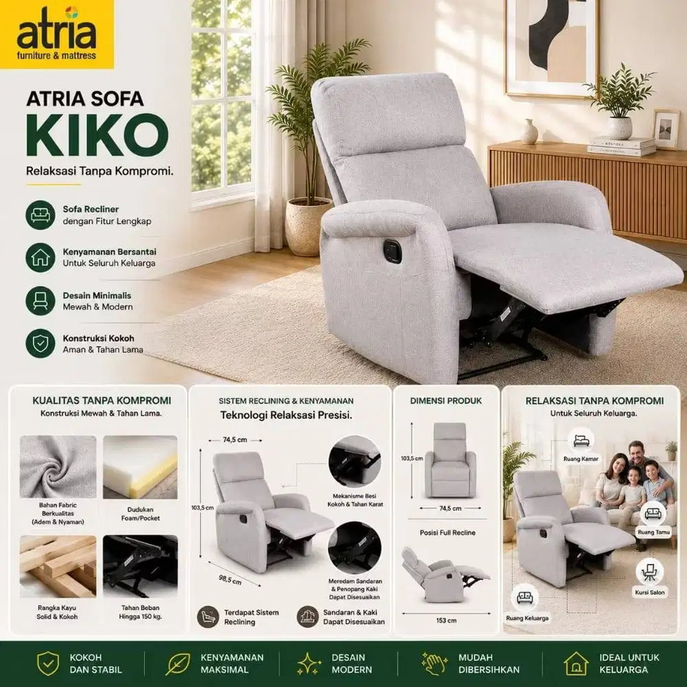 Atria Kiko Sofa Recliner Bahan Kain 1 Seater