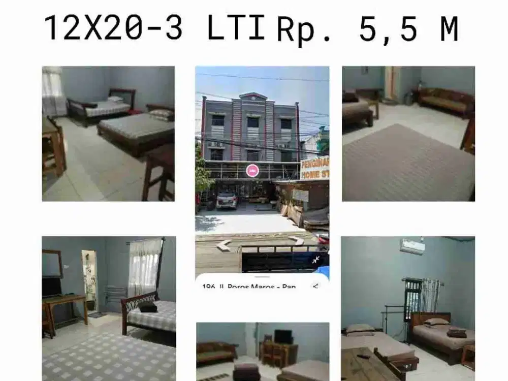 Homestay Poros Makassar Maros 
Dekat bandara Baru
Kamar 8 + 2 Gudang WC 6
12x20 Meter - ,3 Lantai 
Ukuran Bangunan 360m2
Listrik 5500w
Hadap Timur matahari terbit.
Lama Bangunan : 12 tahun 
Rp 5,5 M nett