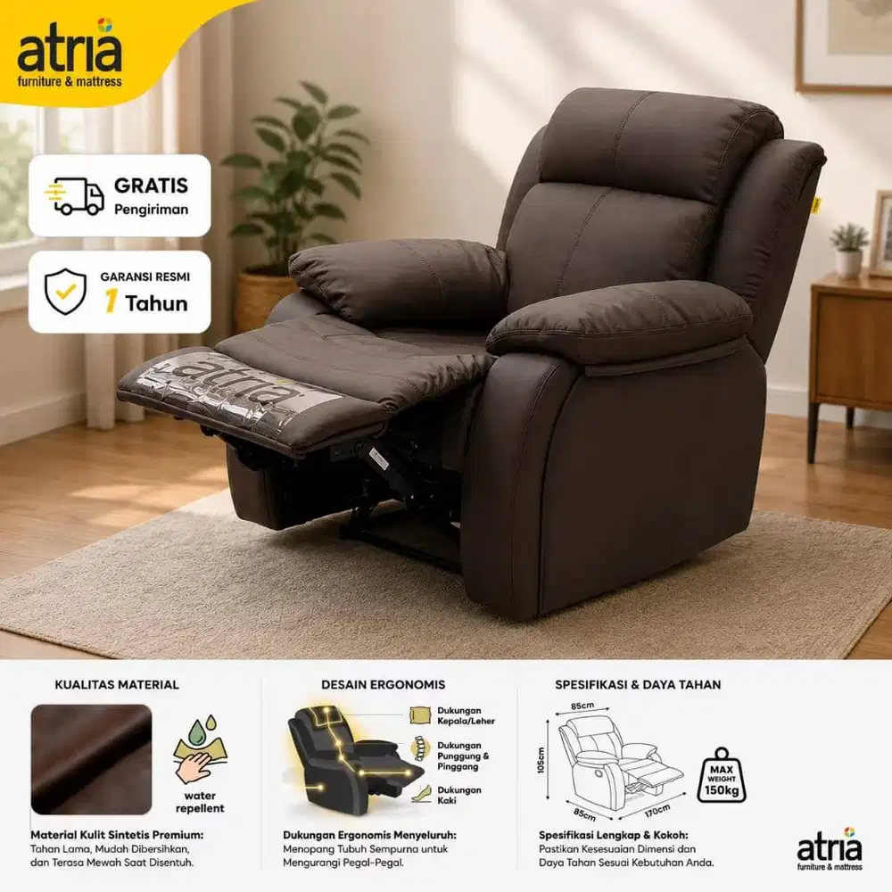 Atria Sofa Recliner Lulaby 1 Seat Artificial Leather Multifungsi