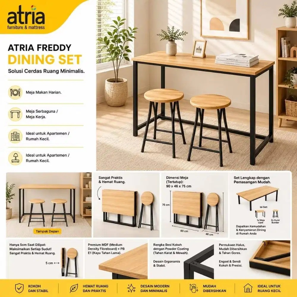 Atria Paket Meja Makan Lipat Minimalis Freddy 2 Kursi