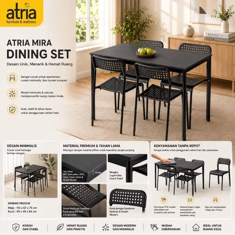 Atria Meja Makan Mira Set 1 Meja + 4 Kursi