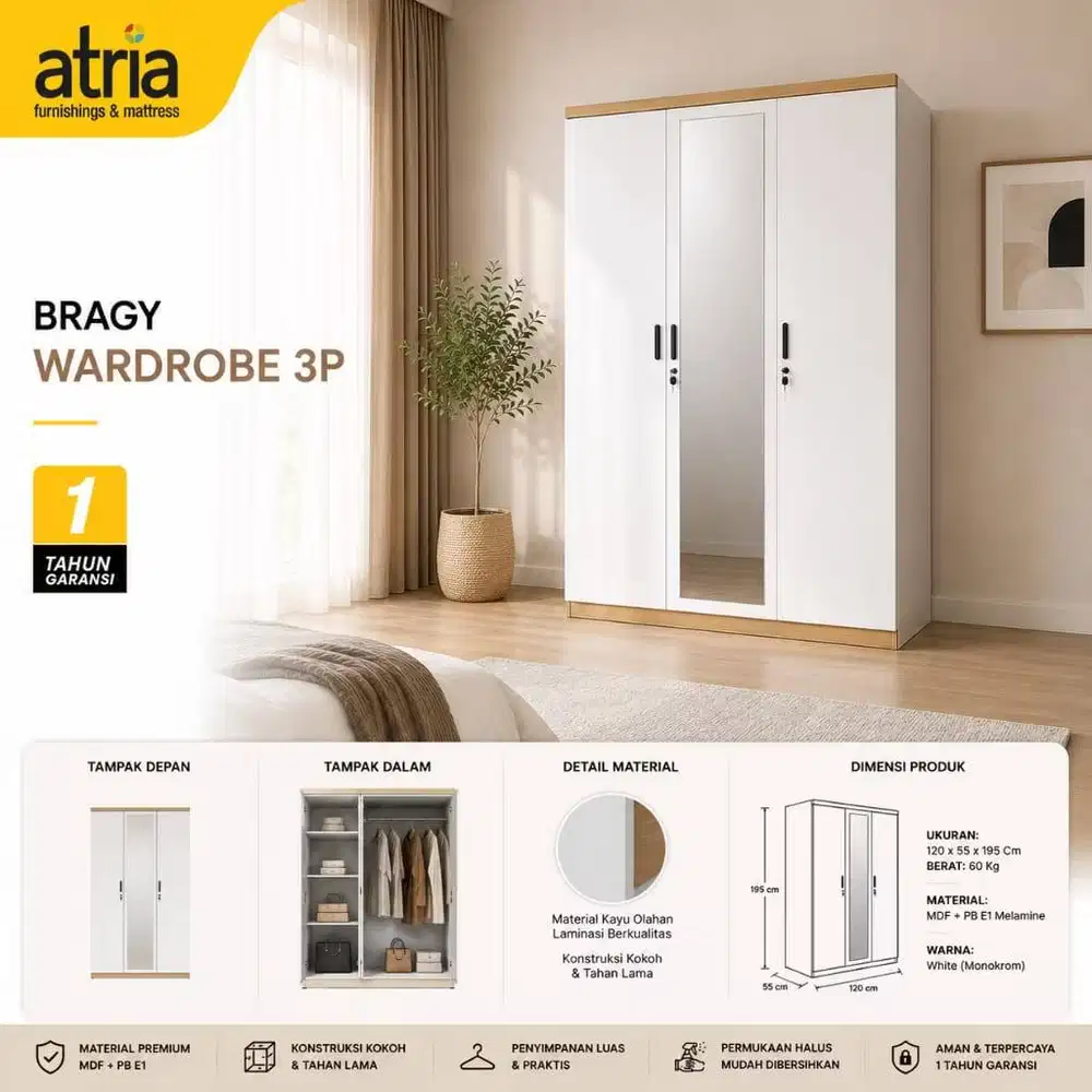 Atria Haziq Lemari 3 Pintu Dengan Kunci Bahan Metal