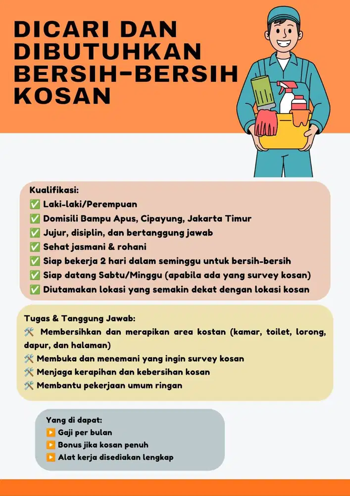 Lowongan Kerja: Office Boy/Girl di kosan Cipayung Jakarta Timur