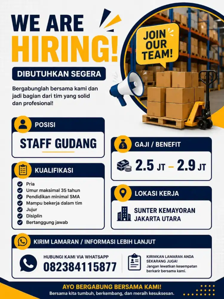 LOWONGAN KERJA – STAFF GUDANG | SUNTER, JAKARTA UTARA